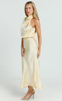 Minnie Midi Dress - Drape Neck Satin Slip Dress in Butter Yellow
