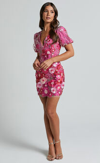 Wren Mini Dress - Puff Sleeve Bodycon 3d Garden Flowers Dress in Magenta