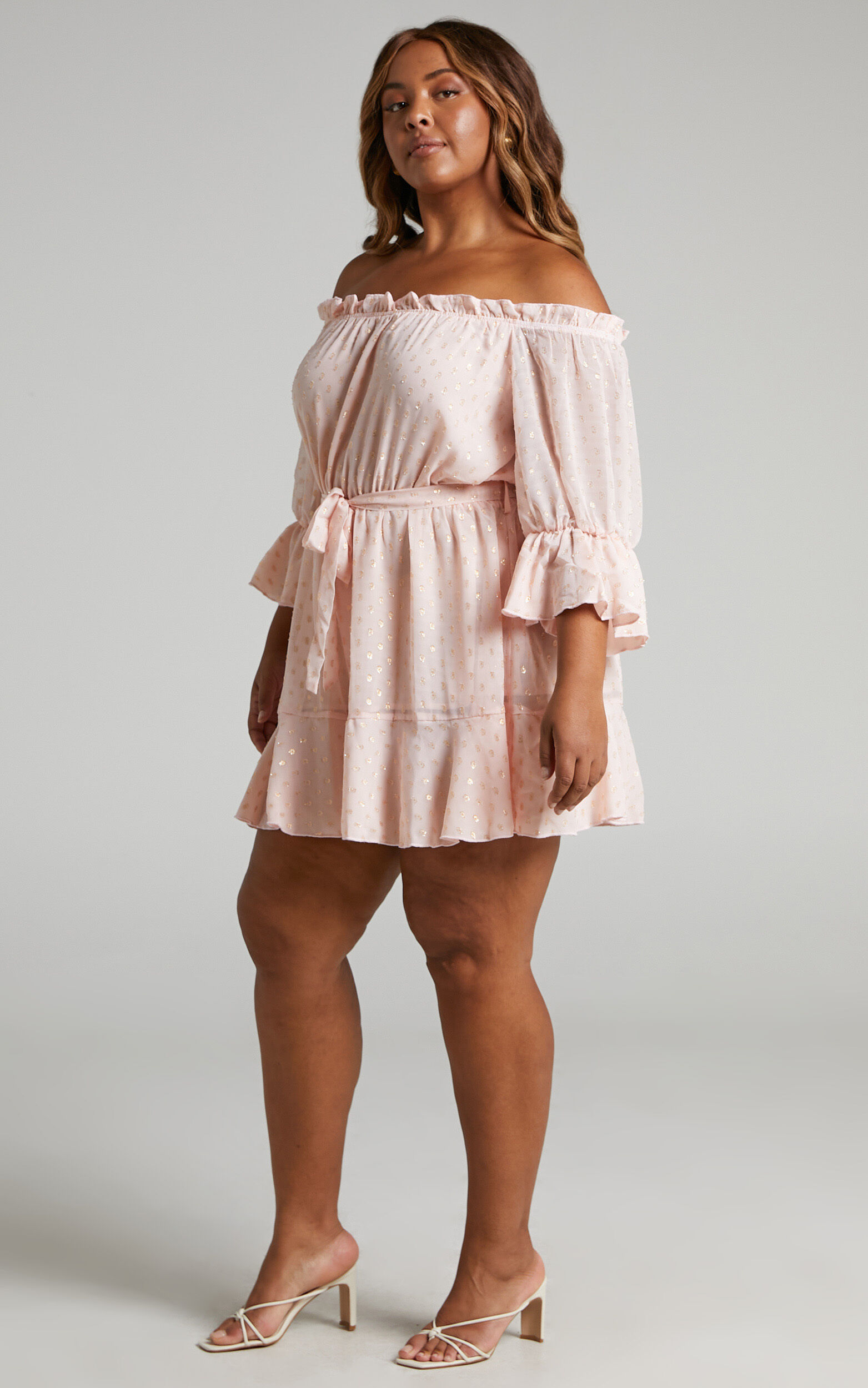 Delamaer Mini Dress Off Shoulder Polka Dot Dress in Pink Showpo EU