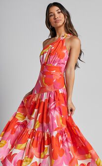Merclaire Midi Dress - One Shoulder Tiered Dress in Orange Floral