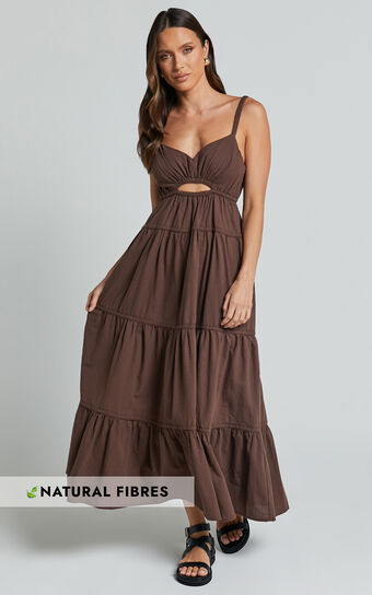 Adia Midi Dress - Front Keyhole Tie Back Tiered Dress in Chocolate