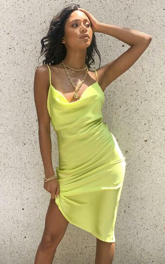 Before The Storm Dress In Lime Green Satin