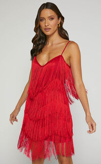 Siofra Mini Dress - Zig Zag Fringe Dress in Red