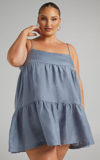 Amalie The Label - Devonia Linen Tiered Shift Mini Linen Dress in Blue