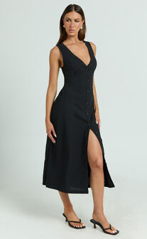 Juliet Midi Dress - Button Through V Neck Dress in Black