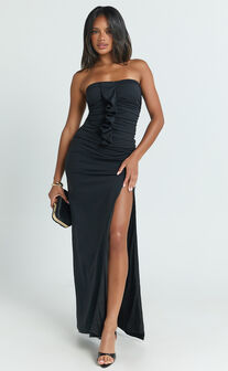 Edeline Maxi Dress - Strapless Sweetheart Ruched Bodycon Dress in Black