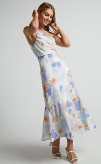 Alyssia Midi Dress - One Shoulder Ruched Satin Dress in Blue Floral