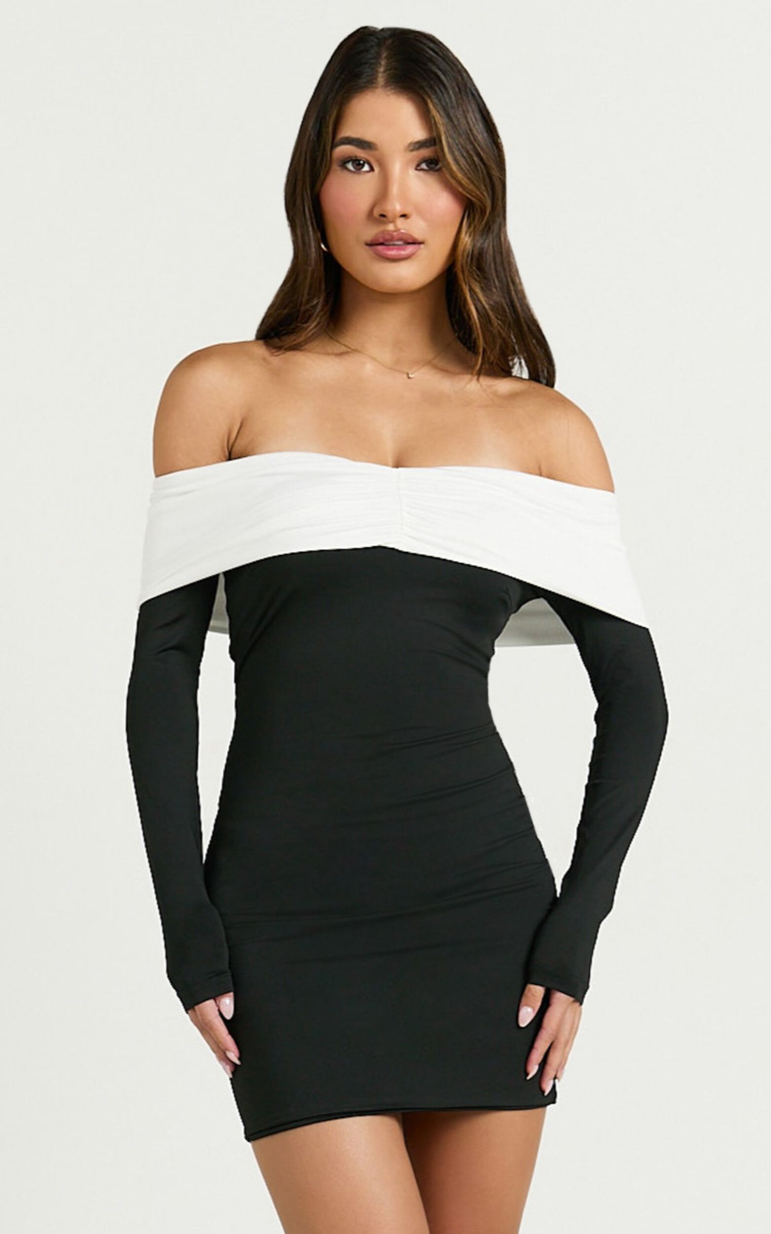 Amalita Mini Dress - Off Shoulder Contrast Long Sleeve Dress in Black & White - 06, WHT1