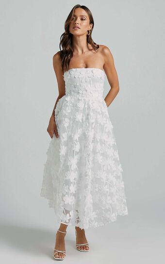 Rheiva Midi Dress - Strapless 3D Embroidery Midi Dress in White
