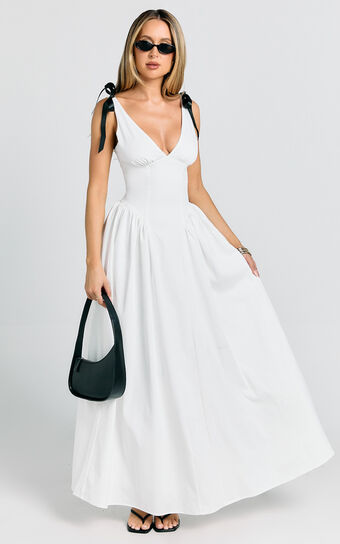 Samantha Midi Dress - V Neck Midi Dress with Bow Strap Detail in White