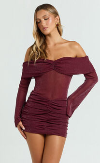 Rumi Mini Dress - Glitter Tulle Off Shoulder Ruched Dress in Wine