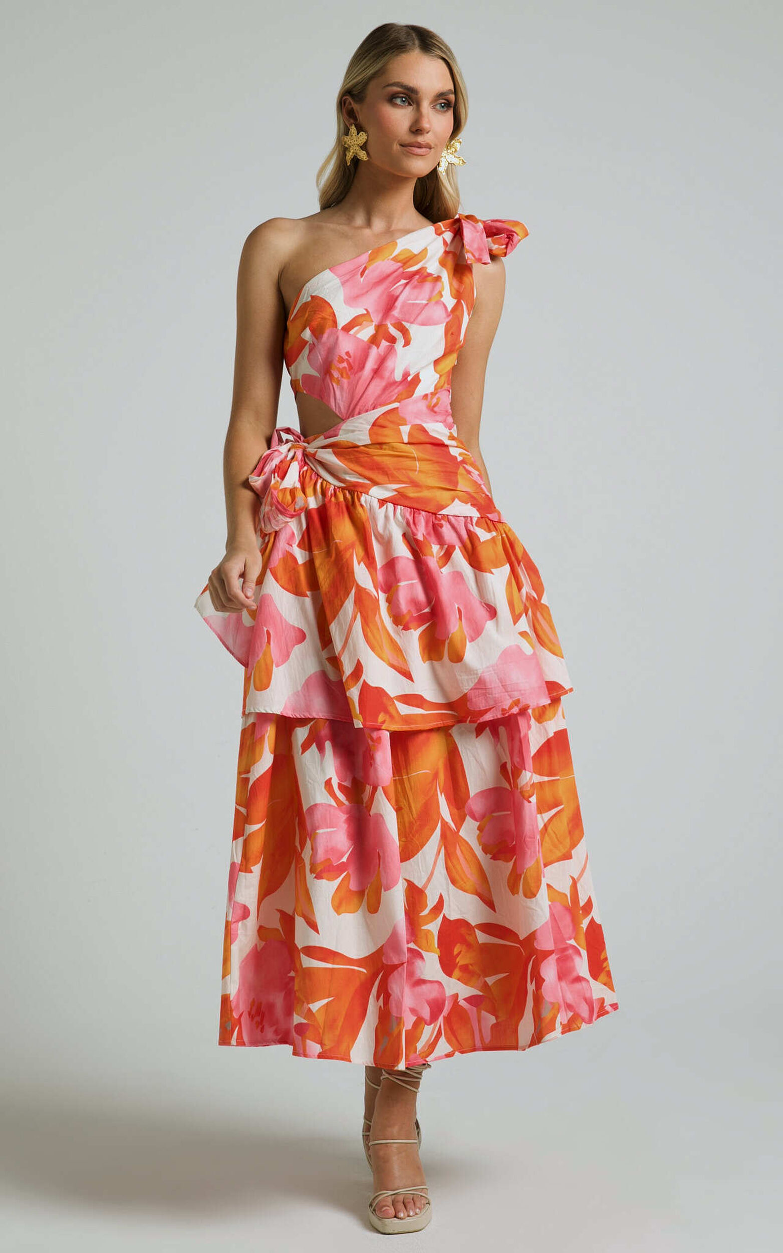 Honolulu Midi Dress - One Shoulder Tiered Dress in Orange Floral - 06, ORG1