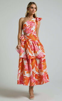 Honolulu Midi Dress - One Shoulder Tiered Dress in Orange Floral