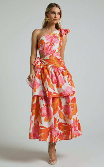 Honolulu Midi Dress - One Shoulder Tiered Dress in Orange Floral No Brand