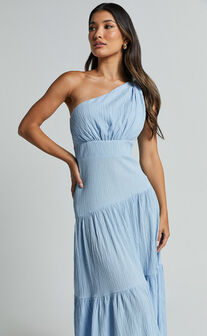 Celestia Midi Dress - Tiered One Shoulder Dress in Soft Blue