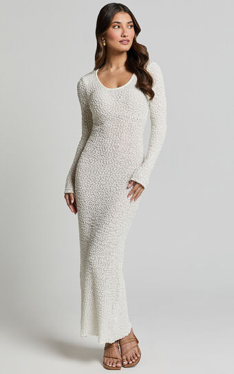 Freya Midi Dress Scoop Neck Long Sleeve Boucle Knit in Off White Sale