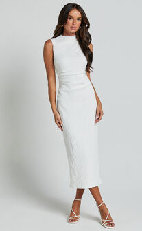 Aleks Midi Dress - High Neck Bodycon Dress in Off White