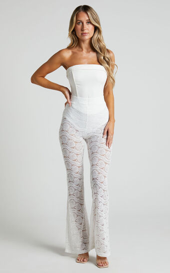 Mehca - High Waisted Lace Flared Pant in White