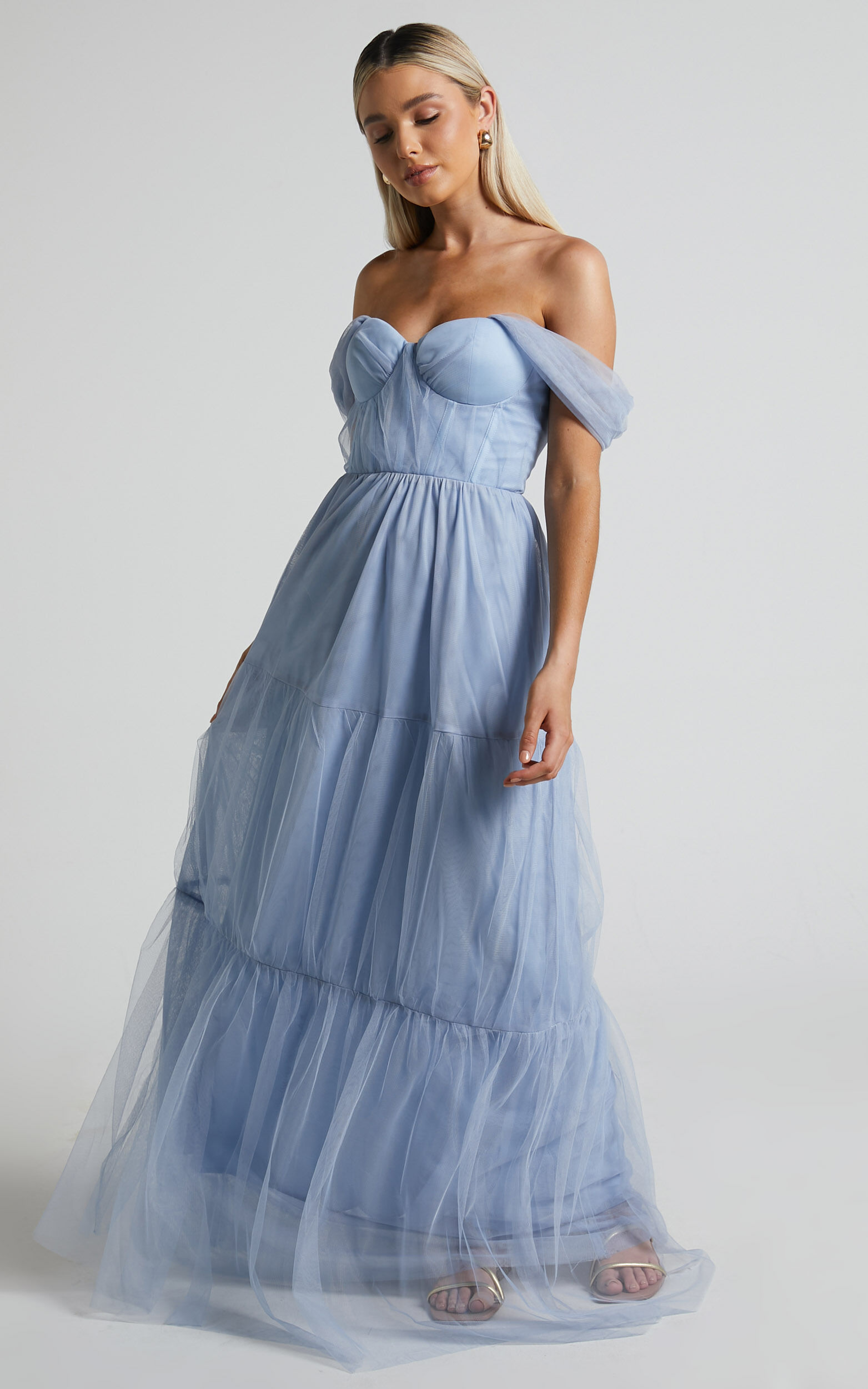 Ontario Maxi Dress Off Shoulder Corset Bodice Tulle Dress in Light Blue