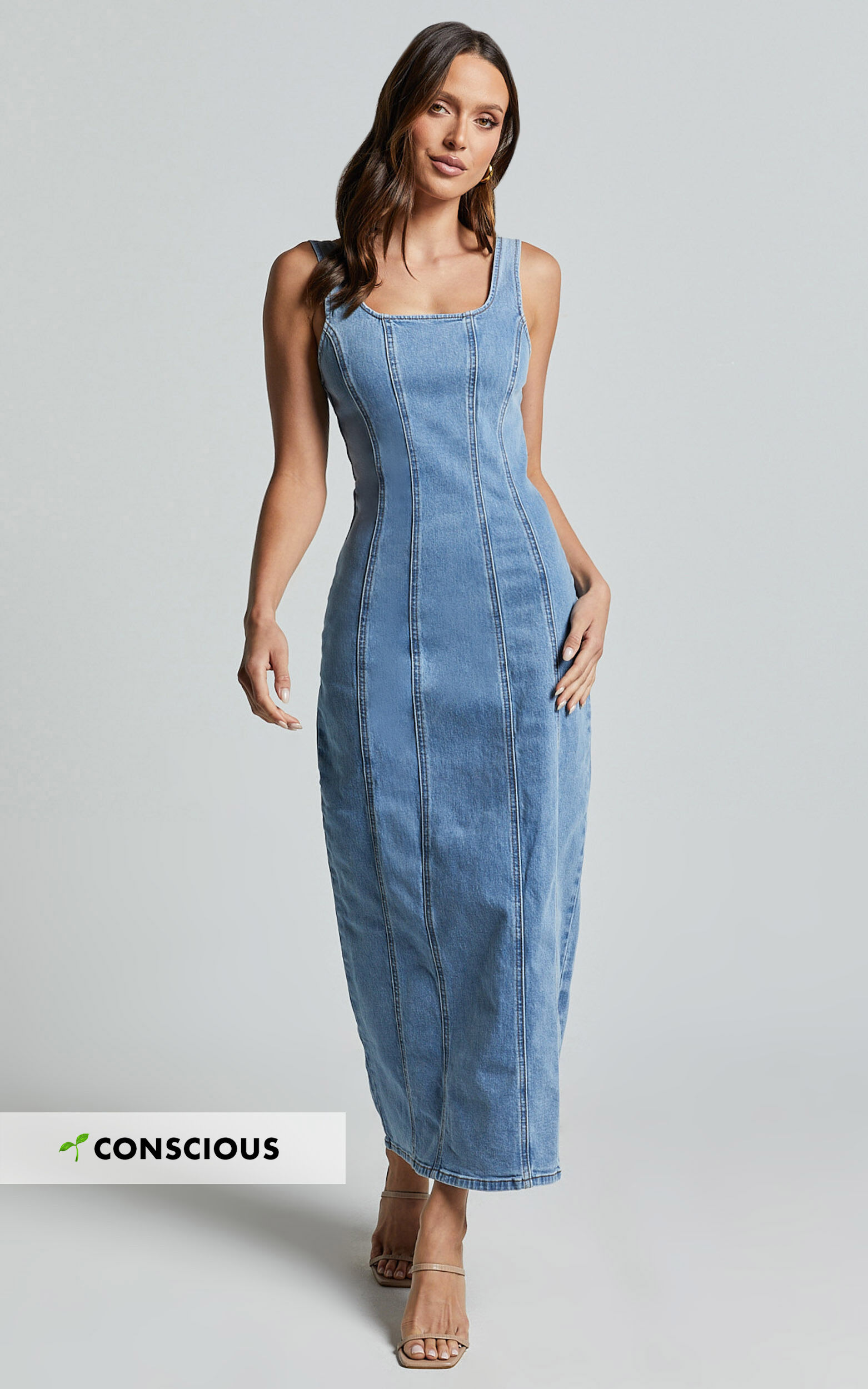 Zenith Midi Dress Wide Strap Panel Detail Recycled Denim Dress in Mid Blue Wash Showpo USA