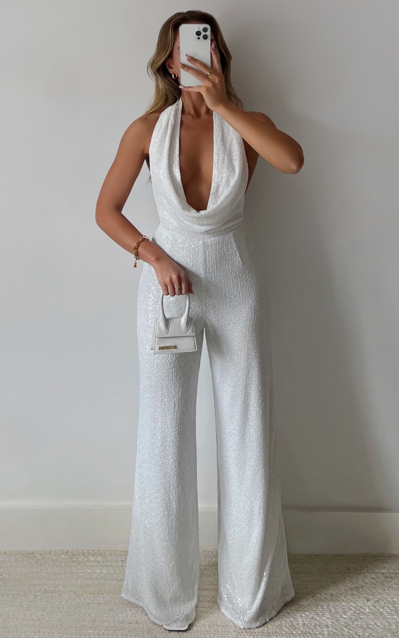 Julien Jumpsuit Backless Wide Leg Cowl Neck Sequin Jumpsuit in White Showpo