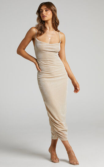 Roma Midi Dress - Ruched Cowl Neck Dress in Gold Lurex