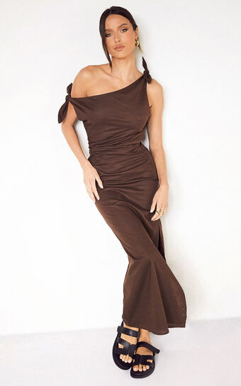 Cincinnati Midi Dress - Off The Shoulder Side Split Column Linen Look Dress in Chocolate No Brand