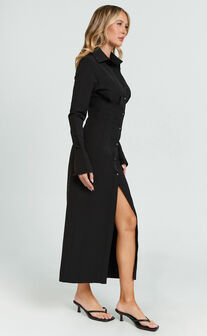 Genevieve Midi Dress - Slim Shirt Dress in Black