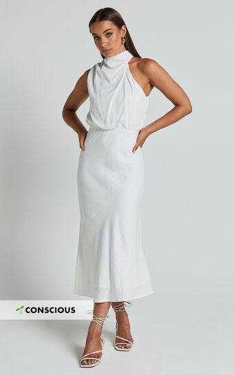 Rose Midi Dress - High Neck Loose Bodice Dress in White