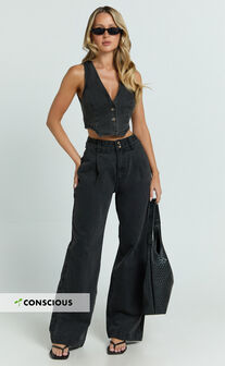 Fergie Jeans - Denim High Waisted Straight Leg Denim Jeans in Washed Black