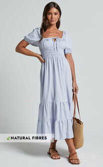 Claritza Midi Dress - Linen Look Short Puff Sleeve Square Neck Tiered Dress in Pale Blue