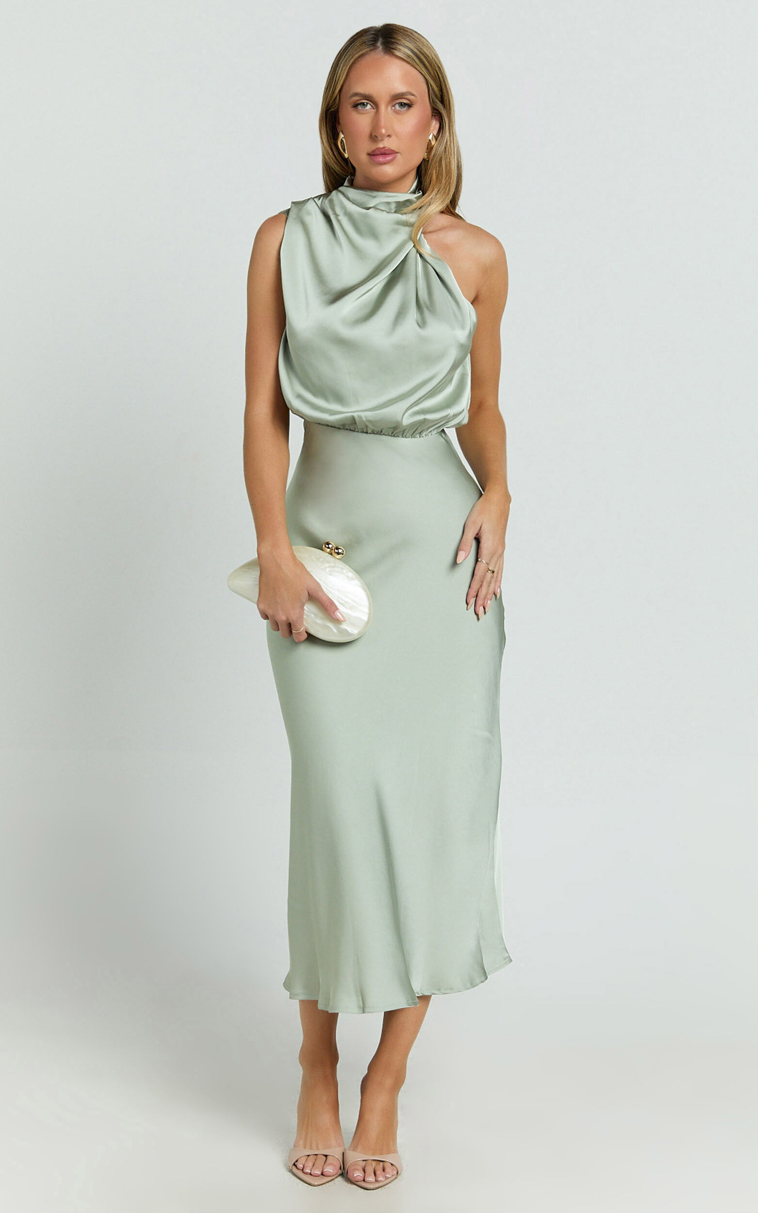 Minnie Midi Dress - Drape Neck Satin Slip Dress in Sage - 06, GRN1