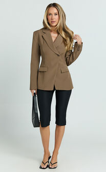 Sally Blazer - Cross Over Fitted Tailored Blazer in Khaki