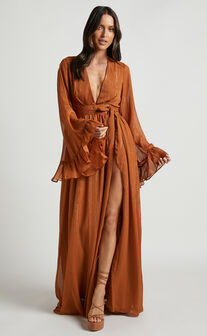 Dangerous Woman Maxi Dress - Plunge Thigh Split Dress in Rust