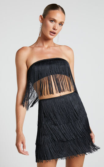 Siofra Two Piece Set - Fringe Crop Top and Mini Skirt Set in Black