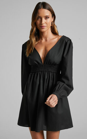 Lheya Mini Dress - Long Sleeve Plunge Neckline A Line Dress in Black