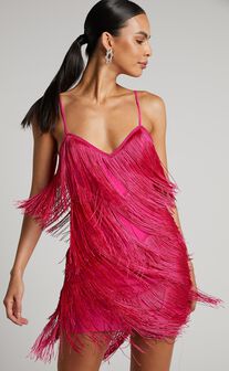 Siofra Mini Dress - Zig Zag Fringe Dress in Hot Pink