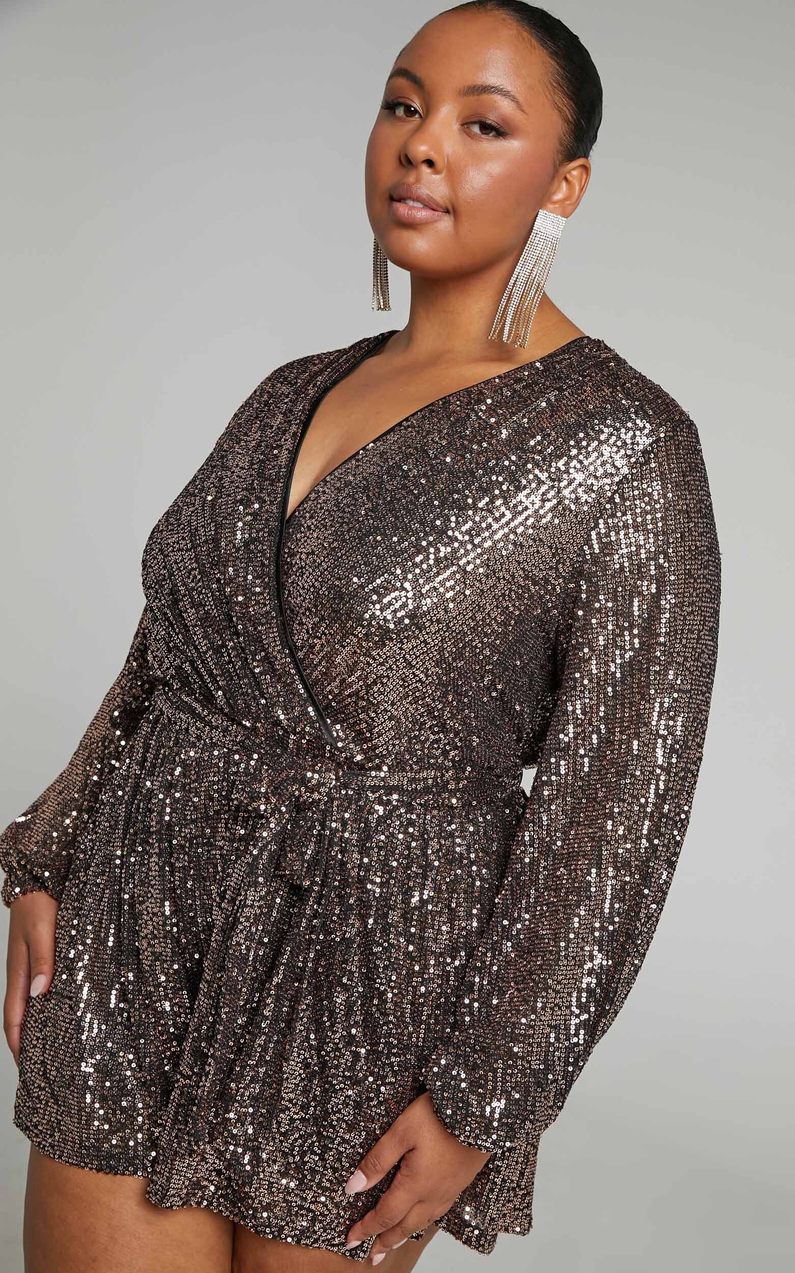 Jessen Playsuit Tie Waist Balloon Sleeve Playsuit in Black gold Sequin Showpo EU