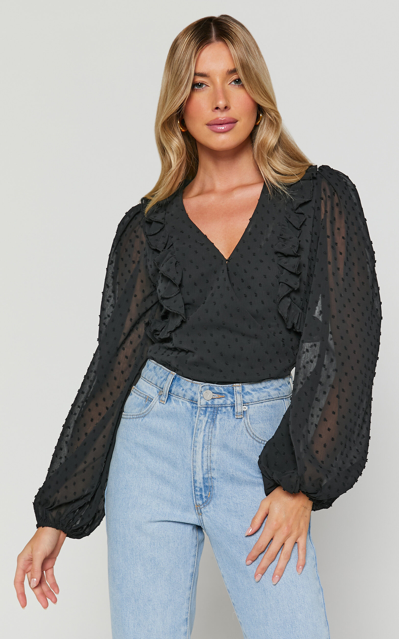 Delilah Bodysuit - V Neck Long Blouson Sleeve Bodysuit in Black - 04, BLK1