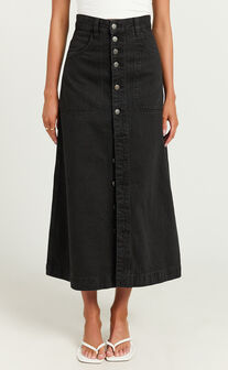 Alisa Midi Skirt - Button Through A Line Denim in Black Wash
