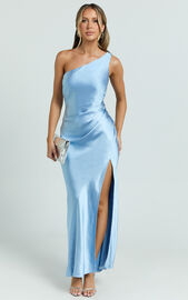 Isla Maxi Dress - Satin One Shoulder Side Split Dress in Blue | Showpo