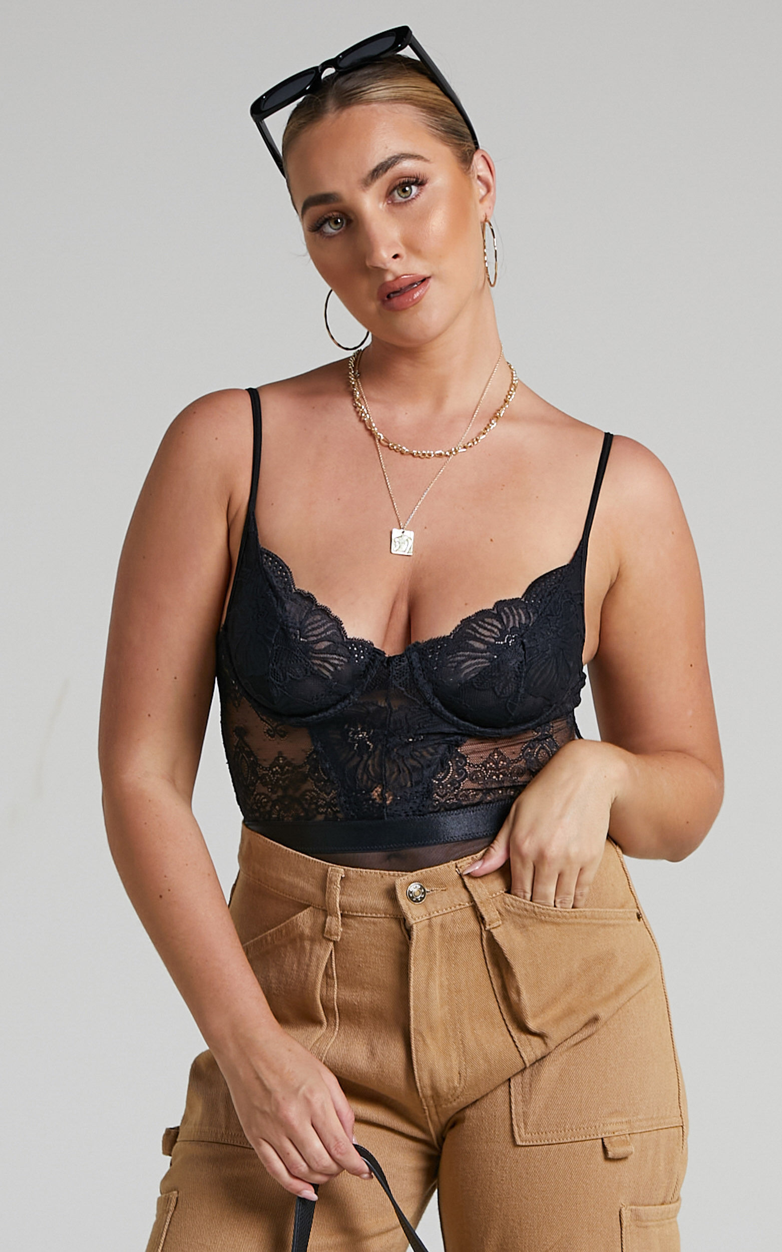 Tharamay Strappy Open Back Lace Bodysuit in Black Showpo EU