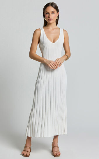 Maya Midi Knit Dress - Sleeveless V Neck Knited Dress in White