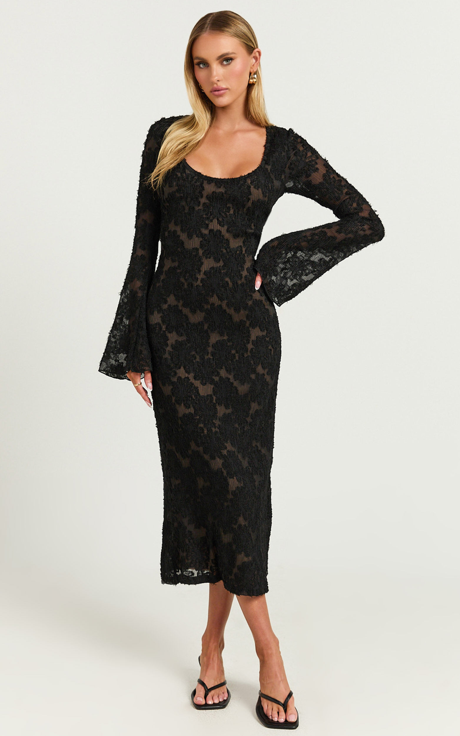 Kathy Midi Dress - Scoop Neck Long Sleeve Jacquard Textured Dress in Black - 06, BLK1