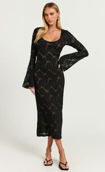 Kathy Midi Dress - Scoop Neck Long Sleeve Jacquard Textured Dress in Black