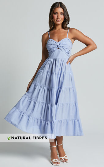 Leticia Midi Dress - Twist Front Tie Strap Tiered Dress in Pale Blue