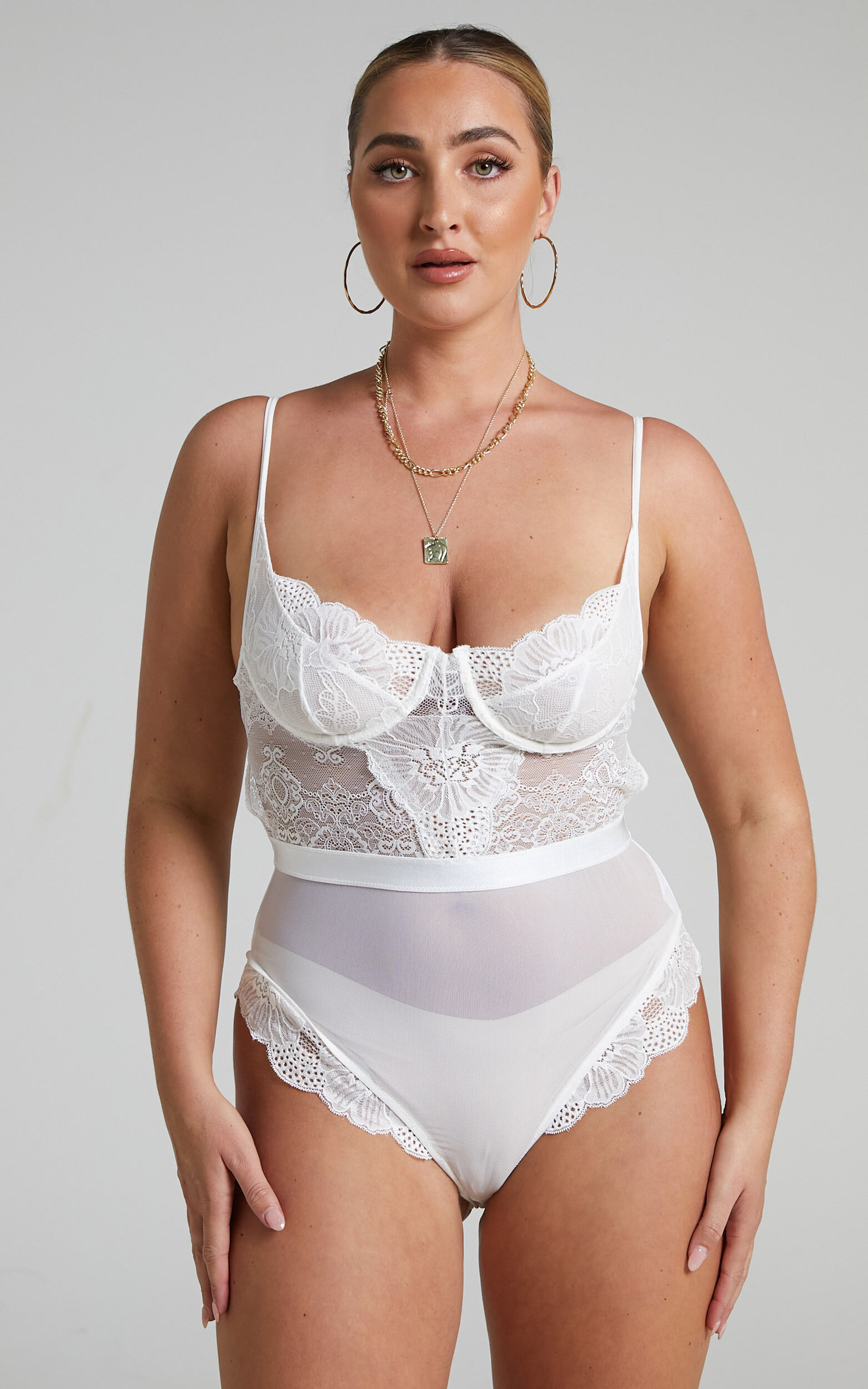 WHITE Strappy lace bodysuit, Womens Lingerie