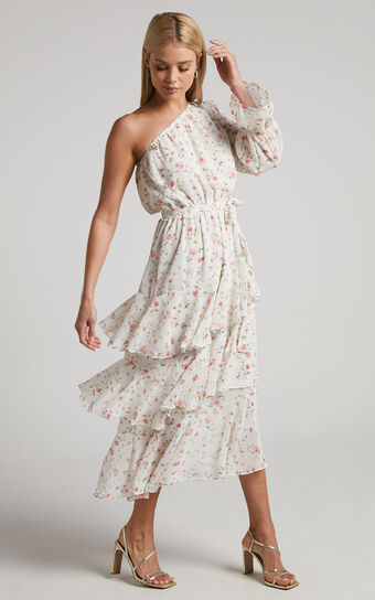 Jolene Midi Dress - Tiered One Shoulder Frill Dress in White Floral
