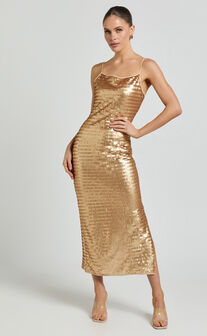 Niquita Midi Dress - Square Sequin Column Dress in Gold