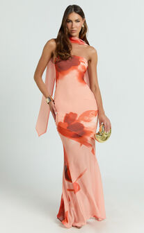 Angie Maxi Dress - Strapless Bias Column Dress with Scarf in Orange